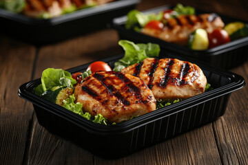 Grilled chicken fillets served in black plastic meal containers, surrounded by fresh greens and colorful vegetables, create delicious and healthy meal option