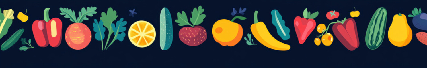 Colorful graphic featuring various vegetables and fruits arranged in vibrant pattern. This design showcases variety of shapes and colors, evoking freshness and health