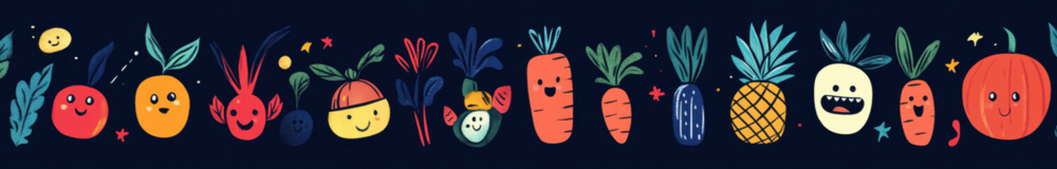 Colorful illustration of various fruits and vegetables, featuring smiling faces and playful designs. This cheerful artwork brings joy and vibrancy to any space