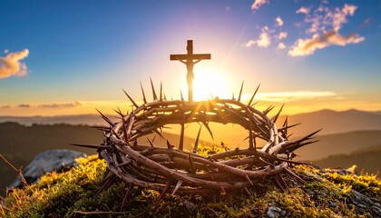 Wooden Cross and Crown of Thorns at Sunset