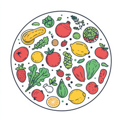 Fresh fruits and vegetables arranged in circular pattern, showcasing variety of colors and shapes. This vibrant illustration captures essence of healthy eating and nature bounty