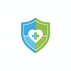 Obraz premium A heart-shaped shield with a cross, split blue and green, on a white background
