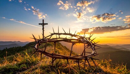 Wooden Cross and Crown of Thorns at Sunset