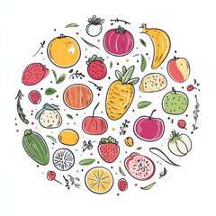 Colorful fruits and vegetables arranged circular pattern, showcasing variety of shapes and colors. This vibrant illustration evokes sense of freshness and health, perfect for food related themes