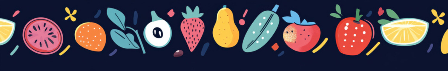 Colorful fruits and vegetables are beautifully illustrated in flat style, creating vibrant and cheerful design. This artwork evokes sense of freshness and health