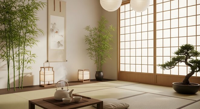 Serene japanese-style room with tatami mats, bonsai tree, and bamboo plants
