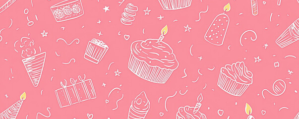 whimsical and colorful pattern featuring various birthday themed illustrations, including cupcakes, candles, gifts, and party decorations, all set against vibrant pink background. This cheerful