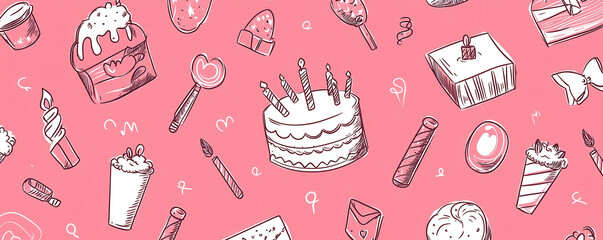 Delight this whimsical illustration featuring variety of sweet treats, including cakes, candies, and desserts, all set against vibrant pink background. playful design evokes joy and celebration