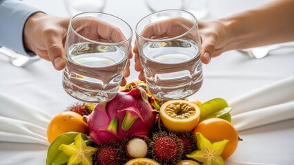 Two people toasting with glasses of water over a vibrant tropical fruit platter.
