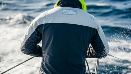 Sailor in foul weather gear steering a sailboat on choppy seas.