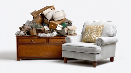 A pile of trash is next to a chair. The chair is white and has a yellow pillow on it. The trash is mostly cardboard boxes