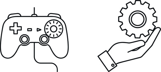 Game Controller and Settings Gear Line Icon Vector Featuring Gaming Control, Configuration, Customization, System Options and Interactive Entertainment Concept