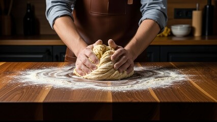 Baker Kneading Dough on a Wooden Table Covered in Flour.