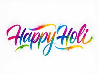 Obraz premium Colorful Happy Holi brush lettering with vibrant paint strokes on white background.