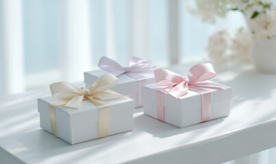 Elegant White Gift Boxes with Soft Satin Ribbons in Natural Sunlight and Floral Background. generative aI