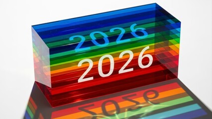 2026 Year Number on Rainbow Colored Glass Block with Reflection.