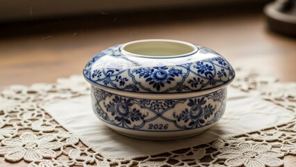 Elegant Blue and White Floral Porcelain Dish on a Delicate Lace Doily.