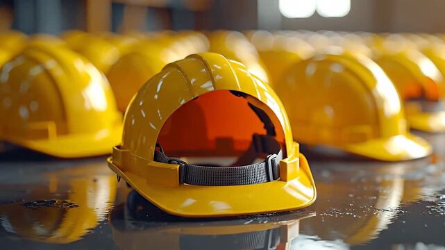 Close Up Shot of Yellow Protective Helmets on a Reflective Concrete Surface with Soft Lighting