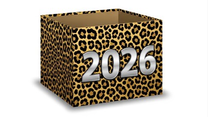 Leopard Print Box with 2026 Silver Numbers Isolated on White Background.