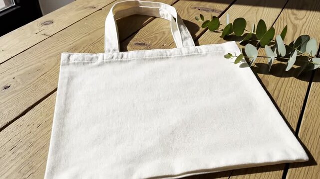 Blank White Canvas Tote Bag on Wooden Table with Greenery.