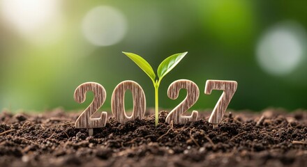 2027 soil close-up with stone numbers and sprouting seedling