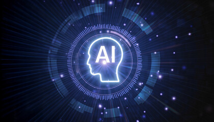 The Enigmatic Mind: A neon outline of a human head and the letters AI within, suggesting the innovative fusion of technology and human intellect, showcasing the digital world's futuristic core.