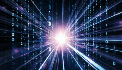 Digital Universe: Capturing a vivid and dynamic stream of data flowing towards a central source of light. This visual represents complex digital information.