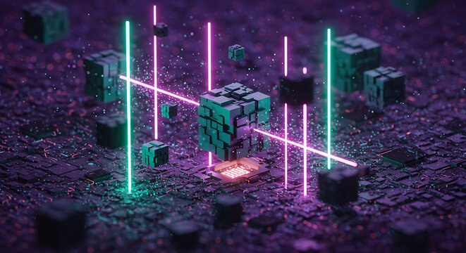 Futuristic technology background with floating cubes and neon laser beams connecting in digital network structure