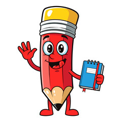 Pencil Cartoon Character Illustration &ndash; Cute Happy School Mascot with Eraser Waving Isolated on White Background