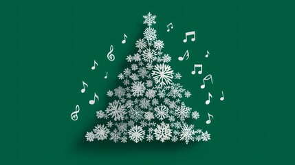 Christmas Tree made of white Snowflake, flying Music Notes, Winter Concert Music Festival Party, red background
