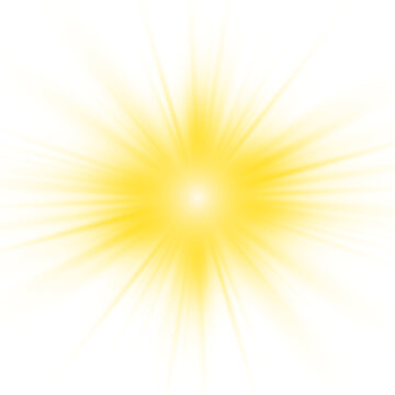 Png starburst light with yellow golden glow from sun and sunlight rays. Intense sparkle and dynamic sparks radiate outward. Bright magical sunlight on white background. Vector illustration. 