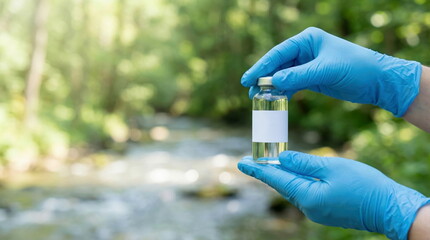 Scientist's hands in blue gloves hold a water sample vial for environmental quality testing in a natural stream setting.