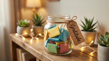 Gratitude jar filled with colorful notes on wooden table near plants and warm light creating ancestral approach to health and emotional well being