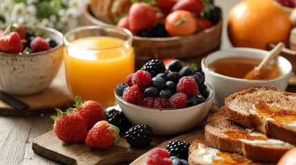 Breakfast table with fresh fruits, juice, and toast spread in a kitchen