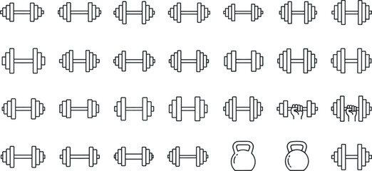 Fitness and gym equipment icon set with outline style dumbbells and kettlebells for workout, training, bodybuilding, and sports activity design