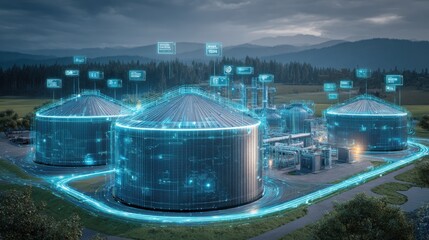 Storage tanks are shown in an industrial area with digital overlays and data points in a mountainous setting during daylight
