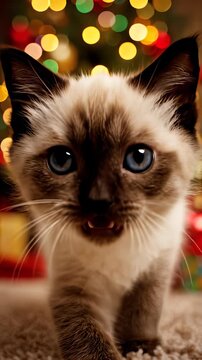 A curious kitten with striking blue eyes and a white nose sits on a plush carpet in front of a beautifully decorated Christmas tree, surrounded by presents, capturing the sweet spirit of the.