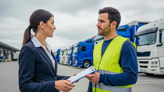 Woman and man discussing logistics manifest by a row of semi trucks, showing freight delivery and shipping business