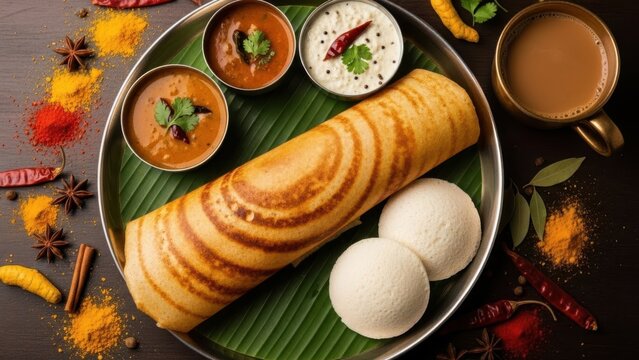 Delicious south indian breakfast spread featuring crispy dosa idli sambar and chutney