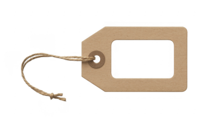 Blank brown gift tag with string on black label isolated on a transparent background