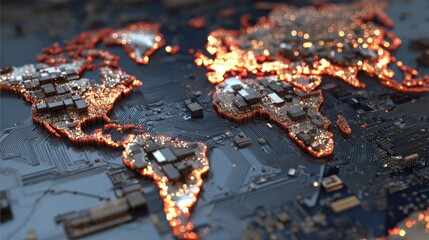 A map of the world created with circuit board designs. The areas light up as if viewed at night, highlighting key regions and details of the map