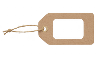Blank beige gift tag with string on black label isolated on a transparent background
