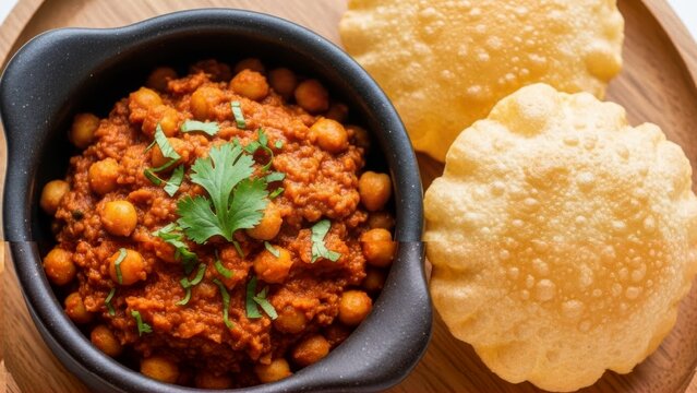 Delicious indian chana masala served with crispy golden puri bread on a wooden platter