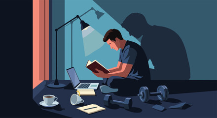 Motivated student studying hard late at night with a laptop and books surrounded by coffee and exercise equipment in a dimly lit room.