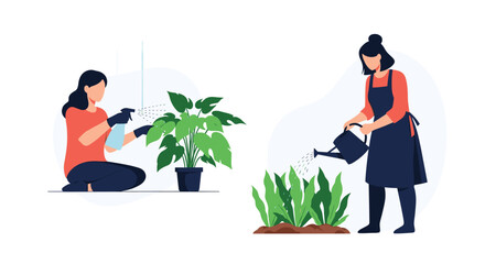 Two women collaborating on gardening tasks by watering and spraying various green plants to ensure their healthy development and growth.