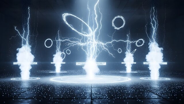Futuristic energy beams and electric vortex discharge. Advanced physics and power generation. Glowing blue lightning bolts connecting between floating holographic rings