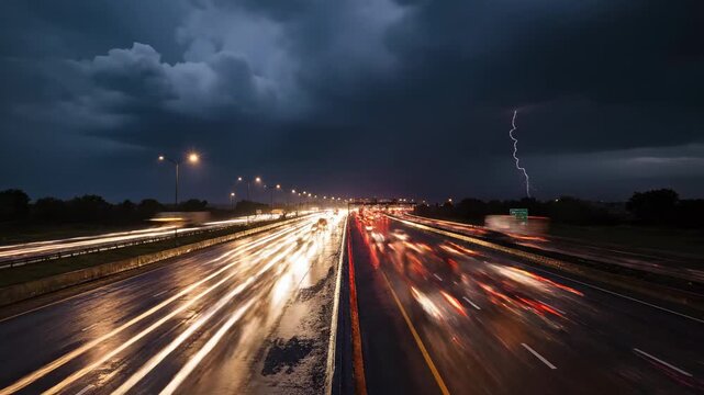 Lightning Strikes Over Highway During Stormy Night.