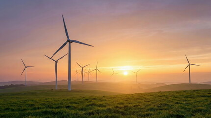 Wind turbines generate clean, renewable energy on rolling green hills during a vibrant sunset, symbolizing a sustainable future and environmental protection.