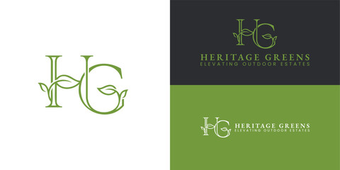 A stylish green HG monogram is adorned with leaf accents. This modern design represents a luxury lawn maintenance company that specializes in year-round care for high-end estates.