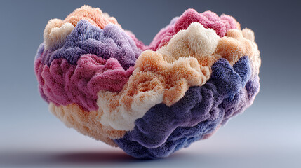 Surreal creative art, a 3D fluffy cloud shaped like a human heart, soft pastel colors, tactile texture like velvet